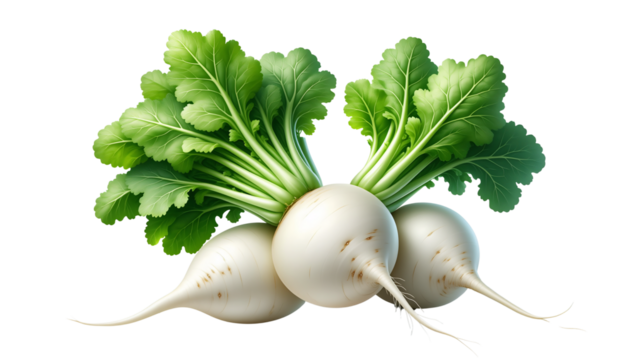 Fresh white radish with green leaves isolated on transparent background