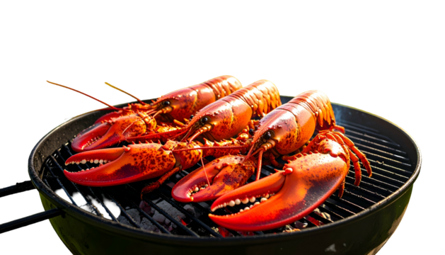 Three cooked red crustaceans rest on a hot grill, ready for a feast against a black backdrop
