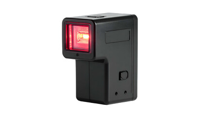 A rectangular, handheld black device with a red light, angled and isolated on black
