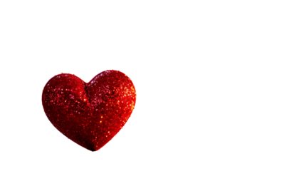 Sparkling red heart on a black background, with glitter effect and detailed texture