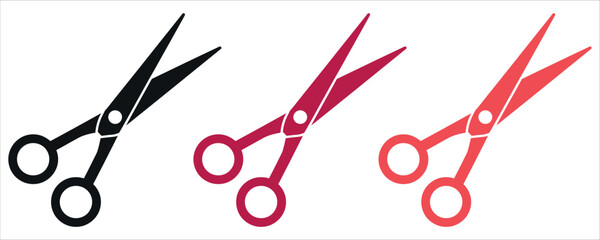 Sharp scissors in black, crimson, and coral hues beckon creativity, perfect for design projects, crafting, and precision work - vector art.