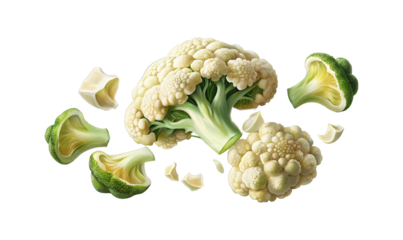 Elegant Still Life of Cauliflower Florets and Sections on Black Background