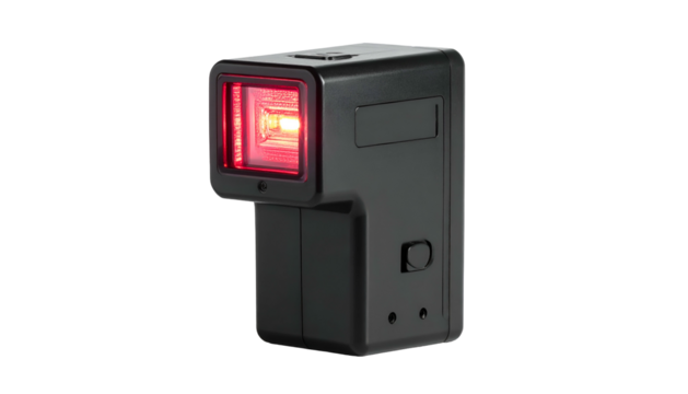 A rectangular, handheld black device with a red light, angled and isolated on black