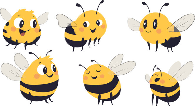 A funny cartoon animal collection set of cute bee characters, vector illustration, and drawing icon design