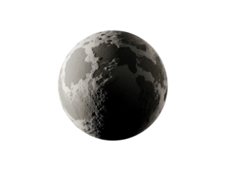 Moon's Grayscale Depiction: A serene, isolated view of the moon reveals its captivating grayscale textured surface, exhibiting the natural lunar features. 