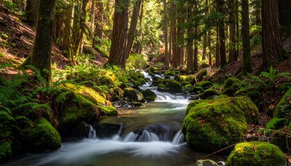 Obraz premium A serene woodland scene. A clear stream meanders through a sun-dappled forest, lush with mossy rocks and tall trees