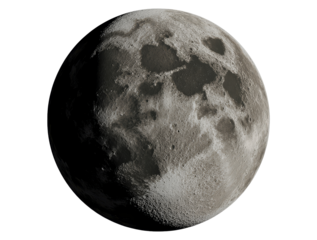 Lunar Beauty: A detailed view of the moon, its craters and textures, a celestial body, isolated in a tranquil space, with shadows creating a dramatic landscape.