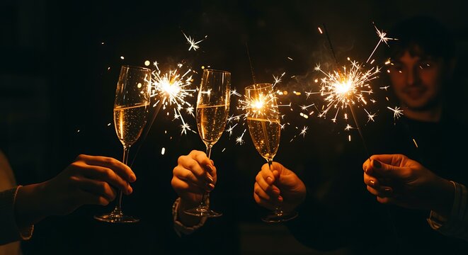 People celebrating new year with champagne and sparklers at night