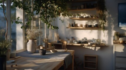 Wide shot of minimalist home studio with shelves of handmade products, workspace tools, and natural décor, symbolizing independent business creativity, small-scale production, and sustainable