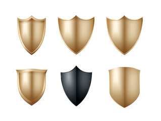 Gold shield set metallic emblem security symbol protection icon shiny badge vector illustration isolated on transparency background classic medieval style glossy finish elegant design
