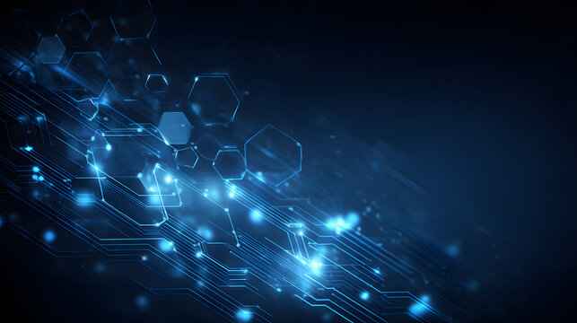 Futuristic tech business background with glowing blue circuits and abstract geometric shapes, modern gradient lighting, minimal and professional design, suitable for a corporate website banner.