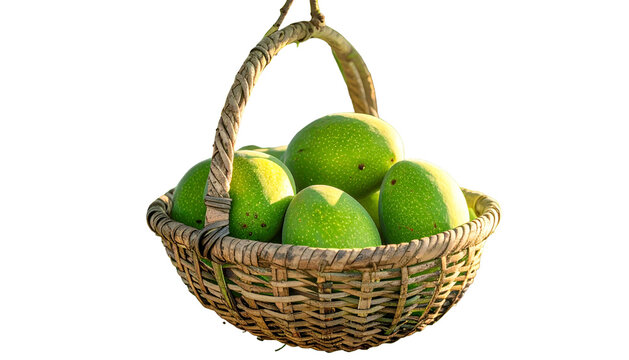 Wicker basket overflowing with ripe, green fruit, captured with natural light