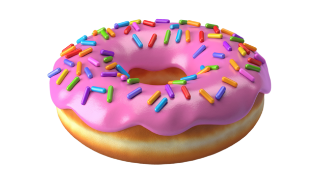 Pink frosted donut with rainbow sprinkles and bite mark on one side, playful birthday treats, transparent background