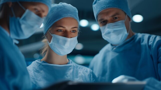 Surgeons collaborating with robotic assistants during live remote surgery, holographic patient data displayed in real time — concept of telemedicine innovation, AI-assisted surgery, and futuristic