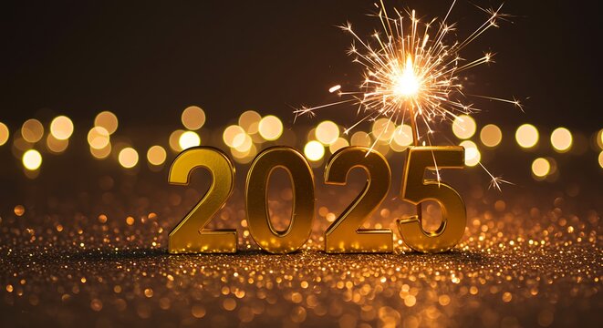 Golden 2025 numbers with sparkler and bokeh lights, new year celebration
