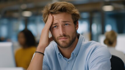 Obraz premium Candid close-up of stressed startup founder holding head in hands as team works behind them — representing crisis management, emotional intelligence under stress, adaptability in business, and the