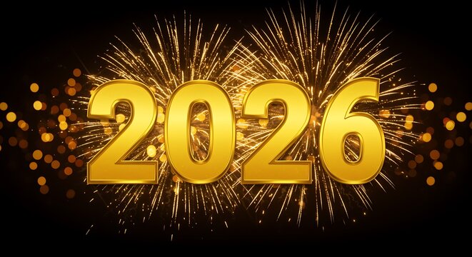 Happy new year 2026 gold text with fireworks and bokeh lights