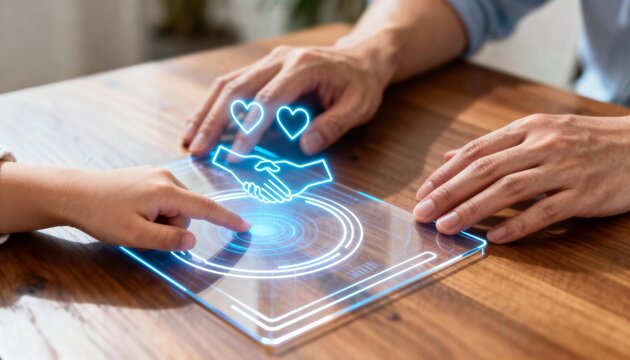 Child and adult connect through futuristic technology and smart education in a modern home setting