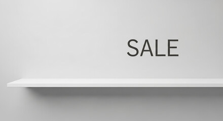 White shelf with word "SALE" on the wall above, showcasing a product display, representing promotion or discount opportunity, space for product