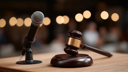 Auctioneer’s microphone and wooden gavel resting on podium under spotlight — concept of authority, tradition, and iconic symbolism of leadership in classic auction environments. cinematic color