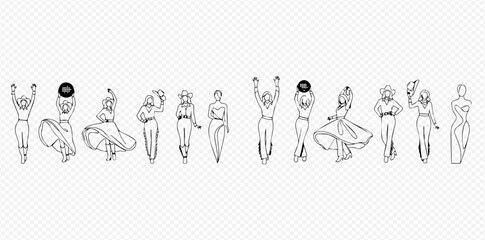 Collection of diverse female line art illustrations in various poses and outfits, including dancers and stylized figures.