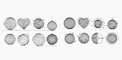 Hand-drawn sketch collection of various disco balls and heart-shaped mirror balls, perfect for party and celebration designs.