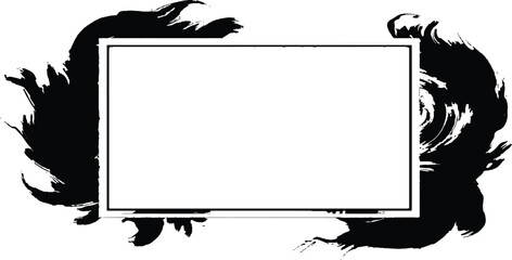 Square frame surrounded by black ink splatters. Border frame brush stroke unique black and white. Grunge speech frame with textured edges on white background.