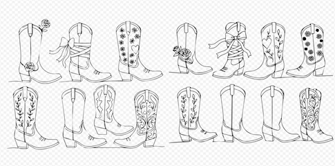 Line art illustration of various cowboy boots with different decorative elements and patterns, perfect for western-themed designs.