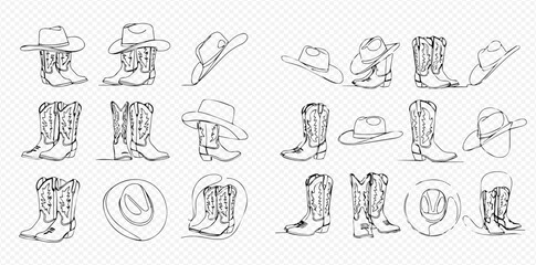 Collection of continuous line art drawings featuring various cowboy hats and boots, showcasing western fashion accessories in a minimalist sketch style.