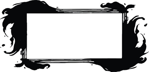 Square frame surrounded by black ink splatters. Border frame brush stroke unique black and white. Grunge speech frame with textured edges on white background.