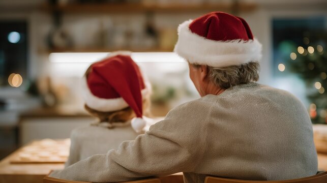 Flour-dusted Santa hat hanging from kitchen chair while grandfather and child decorate cookies — representing homemade Christmas spirit, family warmth, and nostalgic holiday memories. cinematic