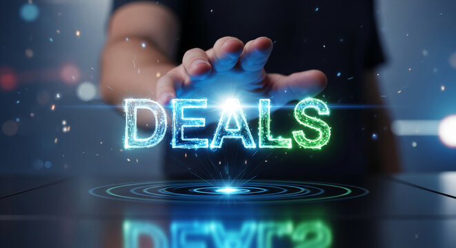 Hand reaching for illuminated text "Deals" with blue and green gradient, representing special offers or promotional events, great for marketing concepts