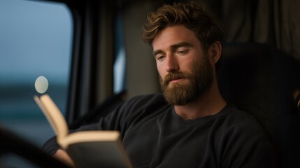 Truck driver resting in the sleeper cab of his vehicle, reading a book under soft cabin lighting — a peaceful, introspective scene that highlights the balance between long work hours and moments of