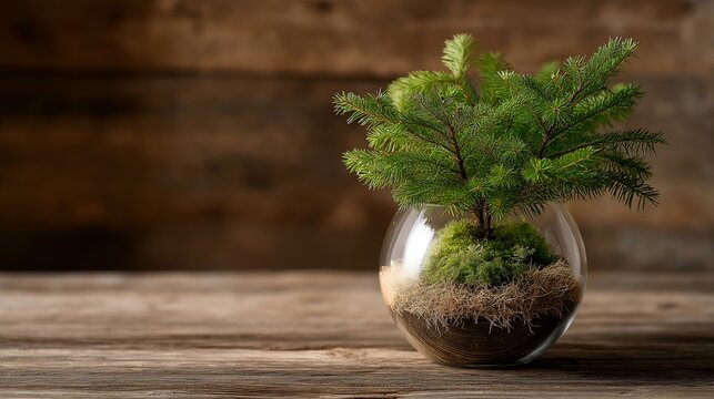 A living Christmas tree with visible roots enclosed in a glass pot symbolizes renewal, growth, and the connection between nature and human tradition. This modern take on holiday decor promotes