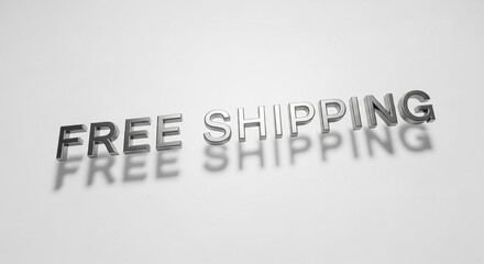 Silver text "Free Shipping" on white background, reflecting below. Conceptual image representing retail incentive or promotion, offers, value