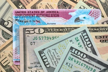 American US dollars money bills with employment authorization card close up