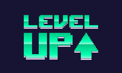 Level Up retro futuristic glow logo. Print for T-shirt, typography. Vector illustration