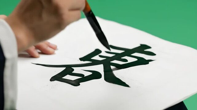 Vantage-led Man practicing calligraphy with black ink on white paper