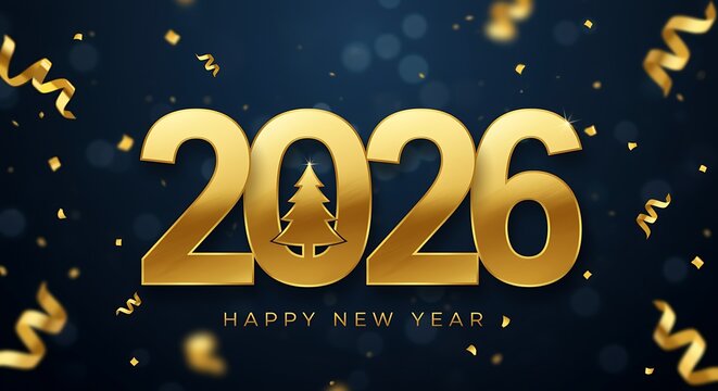 Shiny golden 2026 with christmas tree and confetti on dark blue background