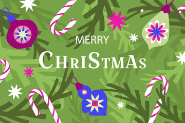 Christmas background .Flat  vector illustration with Christmas balls, stars, and Christmas tree branches and festive inscription