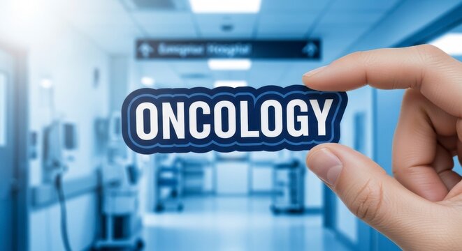 Oncology in Medical Profession: A close-up shot of a hand delicately holding a label bearing the word ONCOLOGY, set against the blurred backdrop of a medical setting. - Powered by Adobe