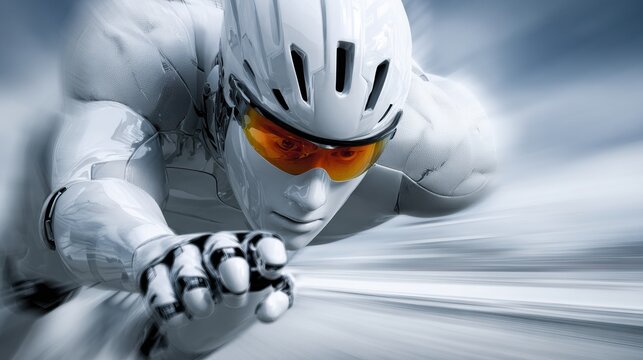 Robot Cyclist in Aerodynamic Glasses Speeds Through a Blurred Landscape During a Competitive Race