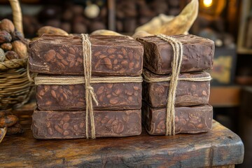 selective focus dark organic chocolate pieces