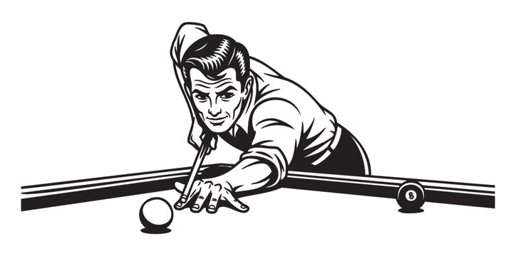 Black and white illustration of a caucasian male in a vintage style, focusing intently while aiming a cue stick at a billiard ball on a pool table.