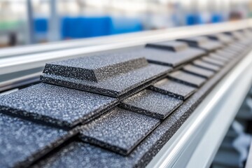 selective focus shingles production line closeup