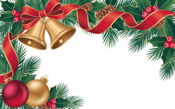 Christmas bells and ornaments with red ribbon and pine branches isolated on transparent background