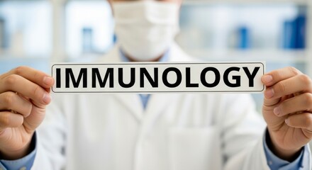 Immunology research: A masked scientist holds a sign that displays the term immunology. In the background, laboratory equipment hints at the depth of exploration