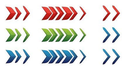A set of colorful directional arrows in red green and blue pointing to the right on a white background