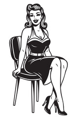 Black and white artistic depiction of a young caucasian female in a 1950s-style dress, seated and smiling with vintage hairstyle and high heels.