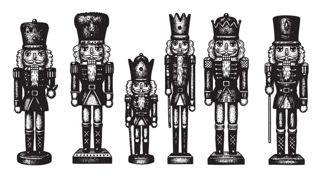 Black and white illustration of six nutcracker figures with detailed uniforms, hats, and distinct facial features, arranged in a straight row.